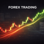 forex trading illustration with green and red candlestick charts showing market movement and price fluctuations