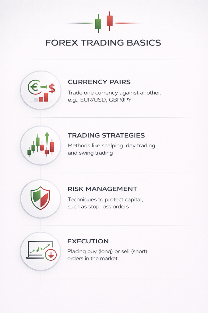 forex trading infographic showing currency pairs strategies and risk management on a clean white background